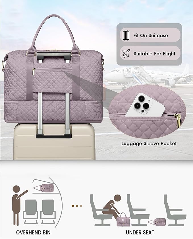 Women Weekender Travel Duffle Bag: Travel Duffel Overnight Bags with Shoe Compartment Carry on Tote Bags Toiletry Bag Weekend Yoga Gym Hospital Bags for Labor and Delivery with Wet Pocket Purple Grey