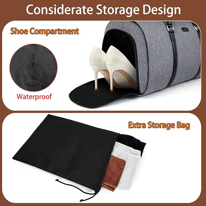 Convertible 2-in-1 Garment Bags for Travel, 50L Carry On Garment Duffle Bag With Shoe Compartment Large Weekender Bag for Women Men Hanging Suitcase Suit Travel Duffel Overnight Bags