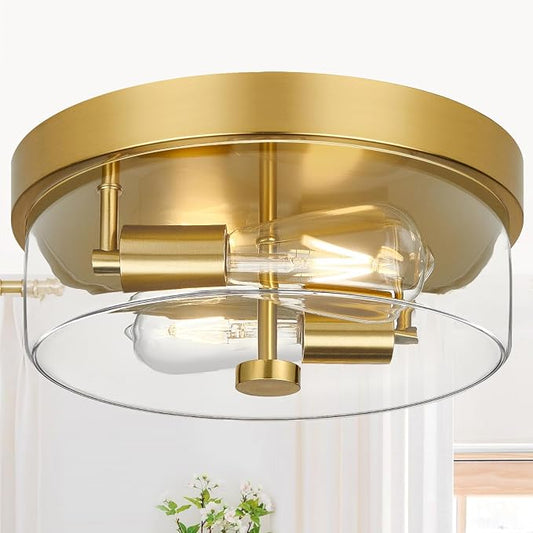 szzgco Flush Mount Ceiling Light Fixtures, 2-Light Gold Ceiling Mount for Farmhouse with Clear Glass Lampshade, Industrial Flush Mount Light Fixture Farmhouse for Hallway, Kitchen, Entryway and Foyer