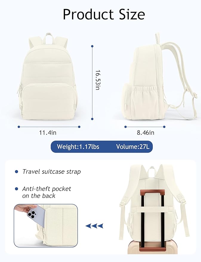 Travel Backpack for Women, 15.6 Inch Laptop Backpack, Quilted College Bookbag, Cute Work Backpacks, Water Resistant