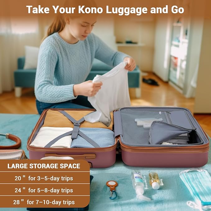 Kono Expandable 28 Inch Luggage with Spinner Wheels, Large Checked Luggage with Lock, Lightweight & Anti-Scratch PC+ABS Hardshell Travel Suitcase, Burgundy/Brown