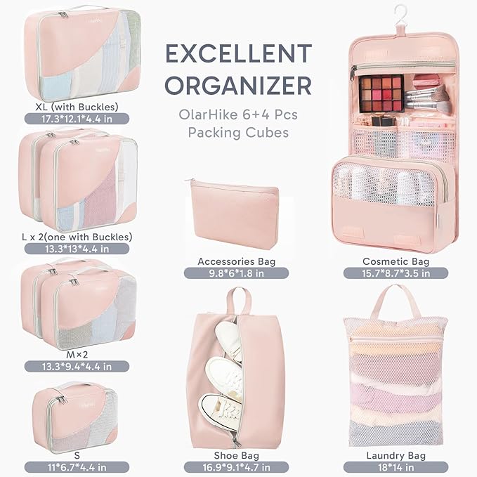 10 Set Packing Cubes for Travel, Gifts for Women Mom,Anti-Tearing Suitcase Organizer for Luggage with Shoe & Hanging Toiletry Bag,OlarHike Vacation Essentials & Accessories for Cruise Ship