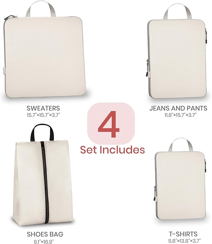 Compression Packing Cubes for Travel, Set of 4 Expandable Luggage Organizers with Shoe Bag, Lightweight Water-Resistant Suitcase Essentials for Carry-on & Checked Luggage, Cream