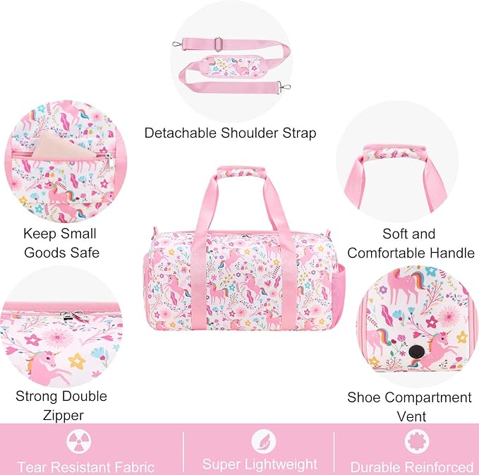 Gym Travel Duffle Bag for Girls - Gymnastics Sports Dance Bag with Shoe Compartment & Wet Pocket Panda Kids Travel Bag Teens Weekender Sleepover Carry On Bag