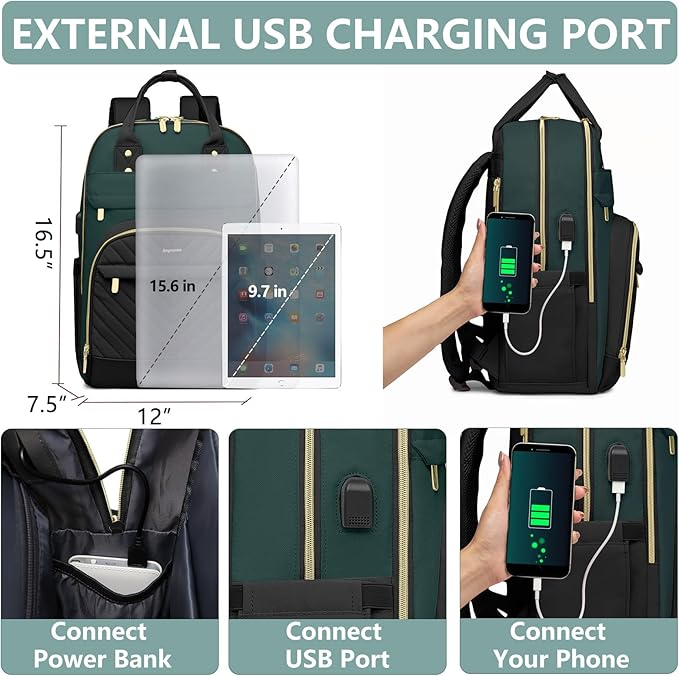 Laptop Backpack for Women Work Bag - 15.6 inch Travel Backpack with USB Charger College Bookbag Waterproof Business Computer Backpack Anti-theft Casual Backpacks for Nurse Teacher Black Green