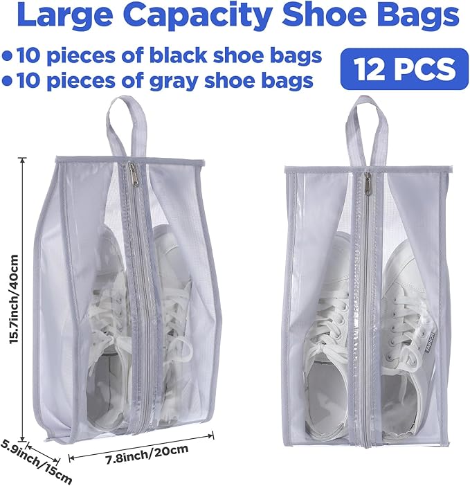 12 Pack Waterproof Shoe Bags for Travel, Portable Shoes Organizer with Zipper, Black and Grey Shoe Pouches for Men and Women