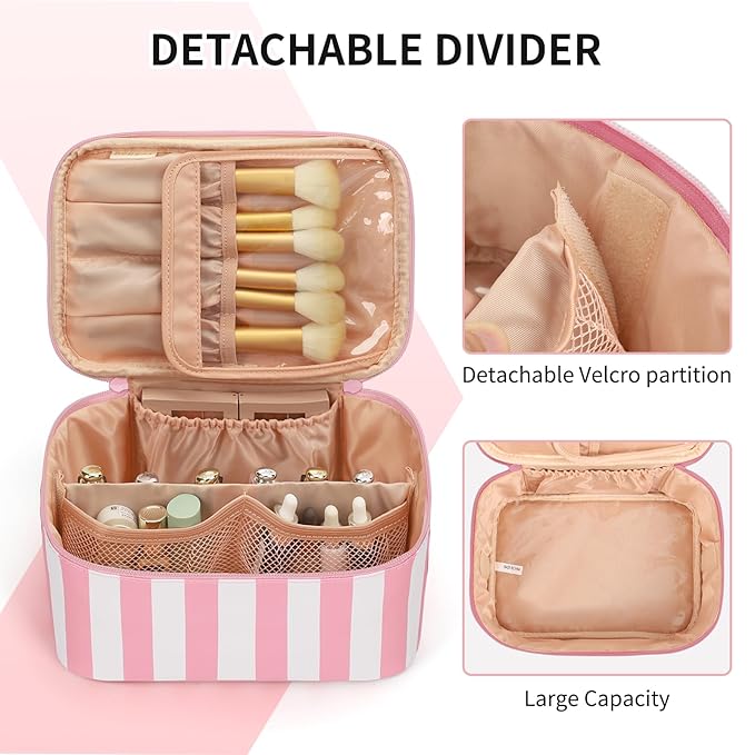 OCHEAL Makeup Bag,Travel Makeup Organizer Bag, Large Capacity Cosmetic Bags For Women Large Travel Toiletry Bag Girls Traveling With Brush Slot And Divider-Stripes Pink