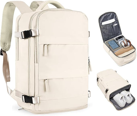 coofay Beige Travel Backpack For Women Men Airline Approved Personal Item Carry On Flight Approved Waterproof Backpack For Traveling On Airplane Weekender Travel Bag