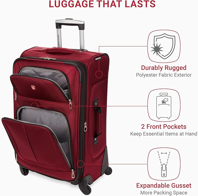 SWISSGEAR Sion Softside Expandable Spinner Luggage Durable Lightweight Travel Suitcase, Burgundy, Checked-Medium 25-Inch