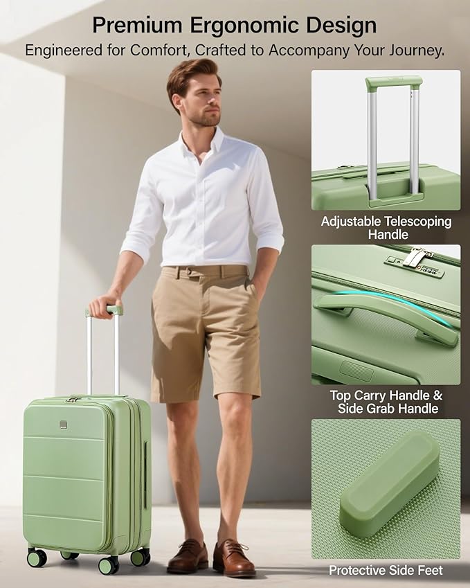 MILADA 24 Inch Checked Luggage, Expandable Hardshell Suitcase with 360° Spinner Wheels & TSA Lock, Lightweight Medium Rolling Luggage for Men and Women Travel, Bamboo Green