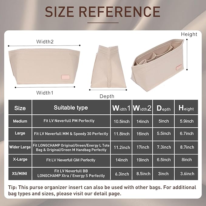 Doxo Purse Organizer Insert for Handbags & Base Shaper 2pc Set, Felt Organizer Insert Large Tote, Bag Organizer with Zipper 5 Sizes, Fit Speedy 30 Neverfull MM and More(Beige-L-Combination)