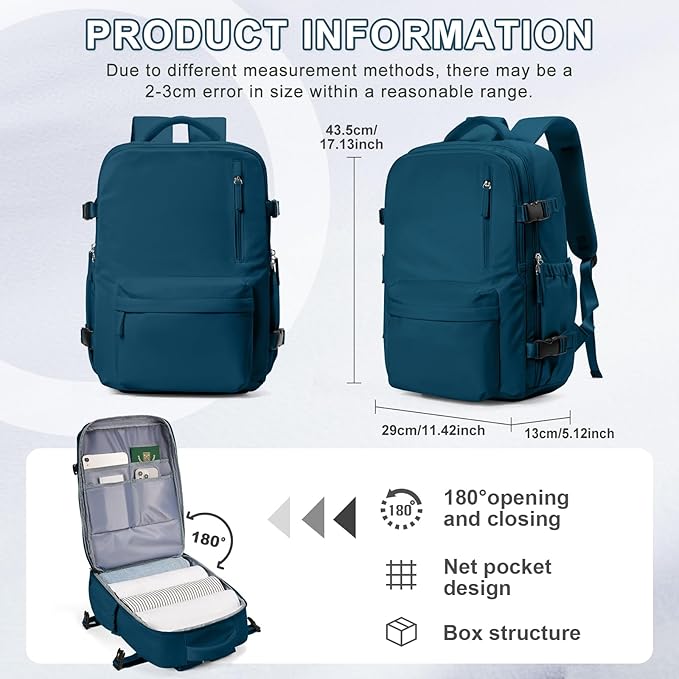 VECAVE Carry On Backpack for Women, Airline Approved Large Travel Backpack Flight Approved, Waterproof 14 Inch Laptop Backpack Business Work Backpacks Bag Men Mochila De Viaje JewelBlue.