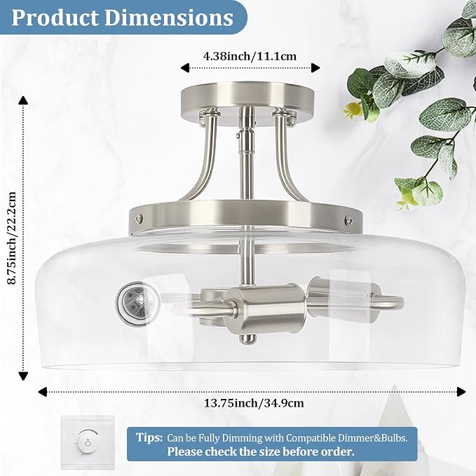 3-Light Semi Flush Mount Light Fixture, Modern Industrial Glass Ceiling Light with E26 Base, Metal Semi Flush Ceiling Light for Living Room Kitchen Bedroom Hallway Balcony, No Bulbs, Brushed Nickel