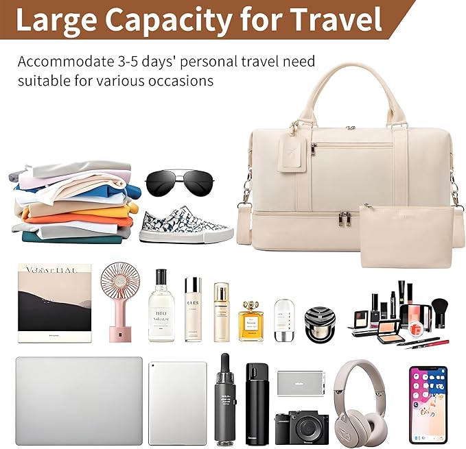 Oeihuivt Weekender Bags for Women - 21 Inch Large Travel Duffel Bag 2-Piece Set with Shoe Compartment, Heavy-Duty Canvas Leather Carry On Overnight Tote