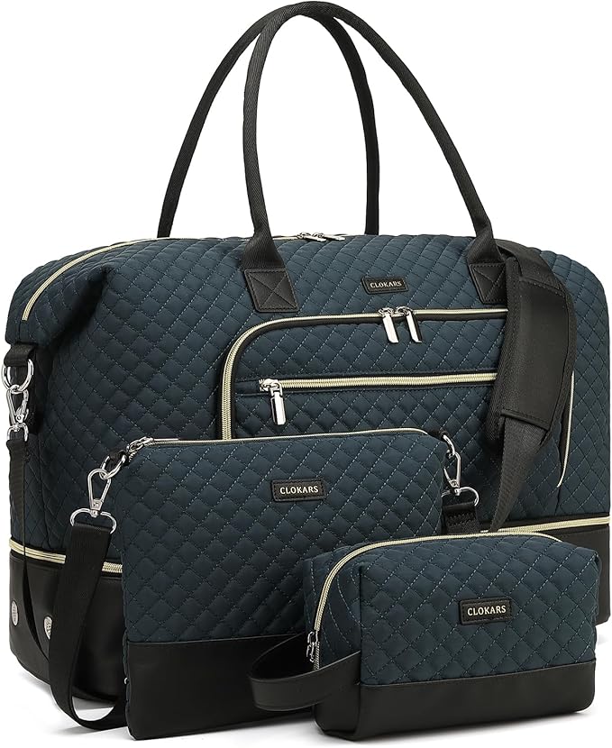 Duffle Bag for Women Travel, Weekender Bag Overnight Bag with Shoe Compartment, Carry on Bag with Crossbody Purse for Over Night, Weekend, Yoga, Gym, Business Trips, Hospital, PeacockBlue Black