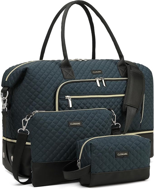 Duffle Bag for Women Travel, Weekender Bag Overnight Bag with Shoe Compartment, Carry on Bag with Crossbody Purse for Over Night, Weekend, Yoga, Gym, Business Trips, Hospital, PeacockBlue Black