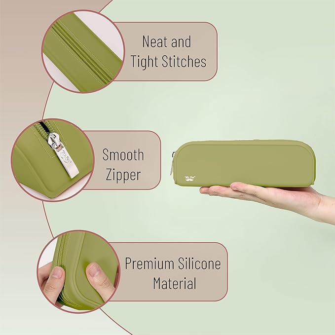 Mr. Pen- Olive Green Silicone Pencil Pouch, Aesthetic Design, Small Size, Multipurpose Makeup Bag