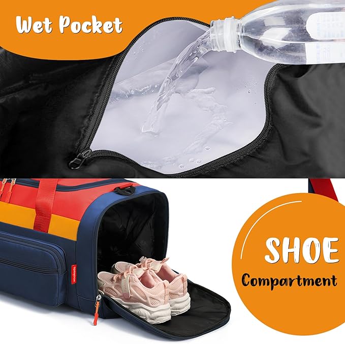 WOOMADA Kids Duffle Bag for Boys or Girls,Weekender Overnight Bag with Shoe Compartment & Wet Pocket Perfect For School, Sports, Overnight Trips(Red Blue)