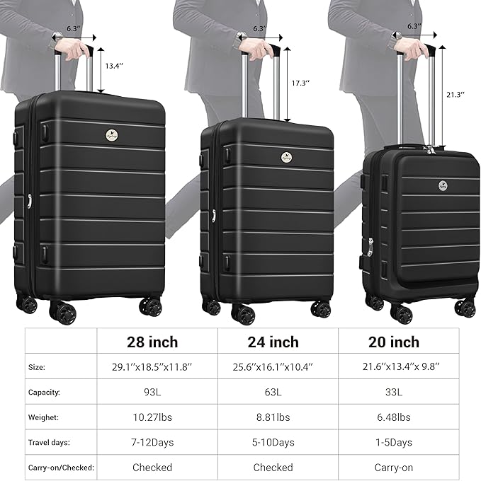 Classic 3-Piece Luggage Set with TSA Lock, PC+ABS Durable Lightweight Suitcase with Spinner Wheels, Hardshell Expandable Carry-On Luggage for Business Family Travel, 20/24/28 inch, Black