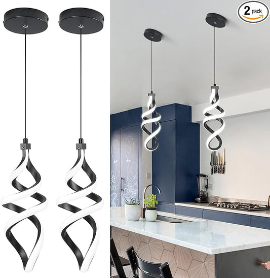 Modern Led Pendant Light Fixture, 15W Black Spiral Led Chandelier Hanging Lamp, 4500K Daylight White Pendant Lamp, Adjustable Height Pendant Light for Dining Room Bedroom Kitchen Island Cafe(2 Pack)