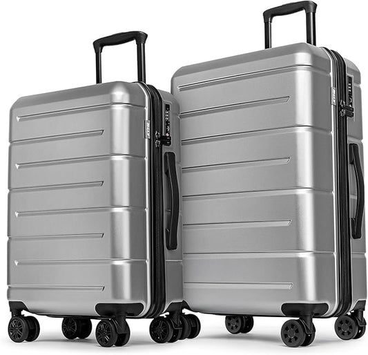KYME Luggage Sets 2 Piece Suitcase Set Hardshell 20 inch/24 inch Luggage with Spinner Wheels Hardside PC+ABS Checked Large Suitcase with TSA Lock for Men Women Silver Grey