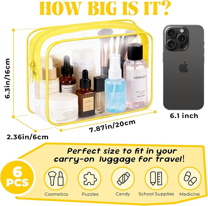 6 Pieces Clear Makeup Bags Bulk TSA Approved Toiletry Bag for Travel PVC Waterproof Clear Cosmetic Pouch with Zipper for Men and Women Carry-on Travel Essentials (Yellow)