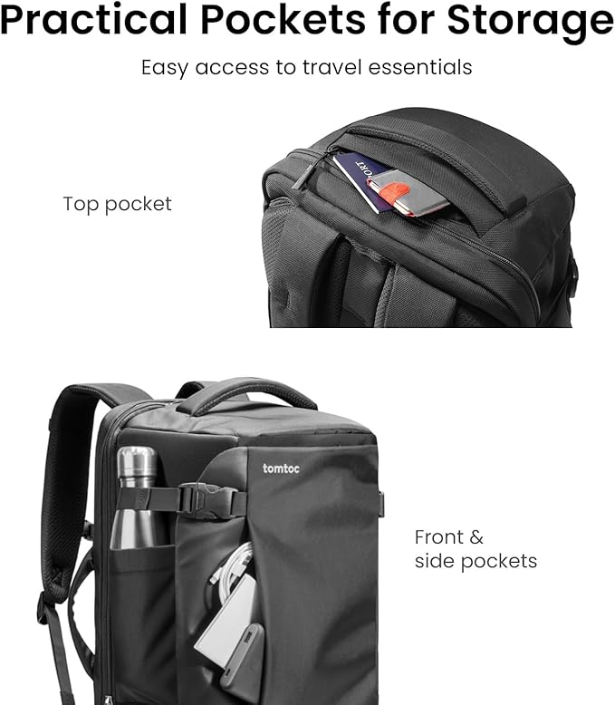 tomtoc Travel Backpack 40L, TSA Friendly Flight Approved Carry-on Luggage Hand Water-resistant Lightweight Business Rucksack, Durable Large Weekender Bag Daypack Fits 17.3 Inch Laptop, PFAS Free