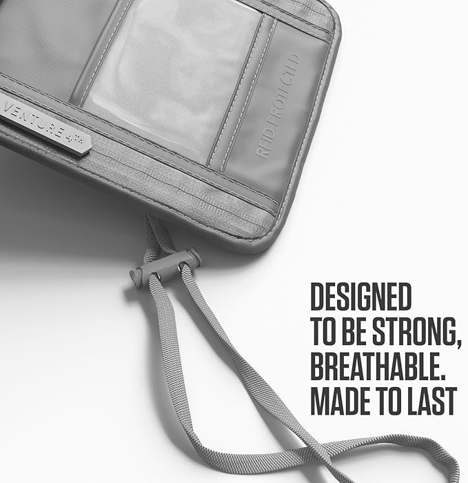 VENTURE 4TH Neck Wallet for Women & Men – RFID Blocking Passport Holder for Travel, Hidden Neck Pouch with 6 Compartments, Slim Lightweight Travel Organizer with Adjustable Strap (Sleek Silver)