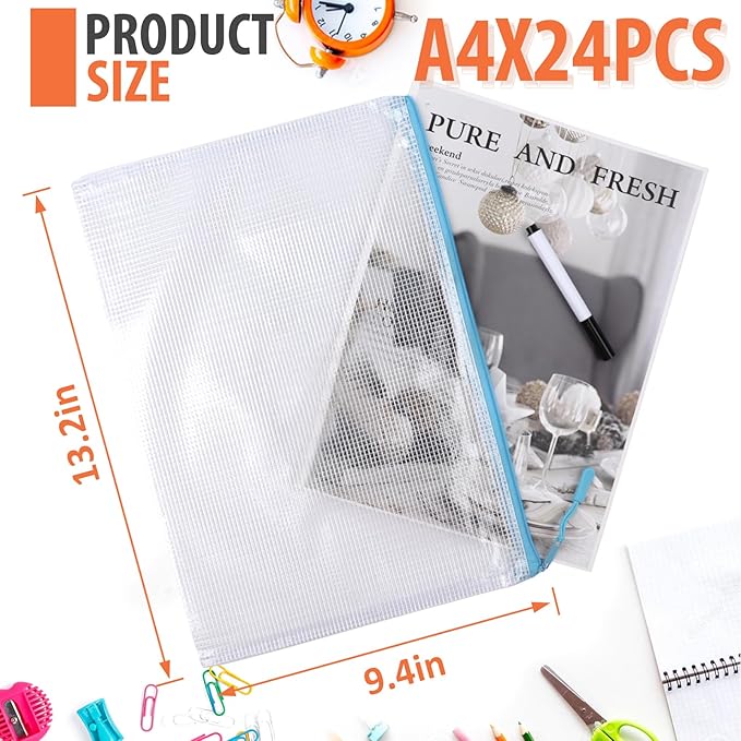 24 Pack 8 Color A4 Mesh zipper pouch bags, Storage Bags, File Bags for Classroom Organization, Zipper Pouches of office supplies, Puzzles, Board Game Storage