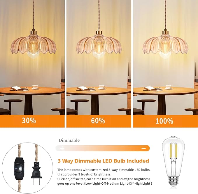 QIYIZM Plug in Pendant Light Hanging Lights with in Cord Mid Century Modern Gold Hanging Lamp Flower Glass Amber Vintage Dimmable Chandelier Ceiling Fixture for Living Room,Kitchen,Boho