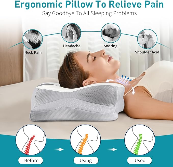 Cervical Pillow for Neck Pain Relief - Ergonomic Pillow for Sleeping Side Sleeper Pillow for Adults, Contour Neck Pillow Cooling Memory Foam Pillows, Orthopedic Bed Pillow for Back Stomach Sleepers