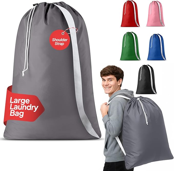 Handy Laundry Bag Shoulder Strap Extra Large - Drawstring Locking Closure, Durable Material, Heavy Duty Stitching, Hands Free Carrying - Perfect College Dorm (Grey, 30" x 40")