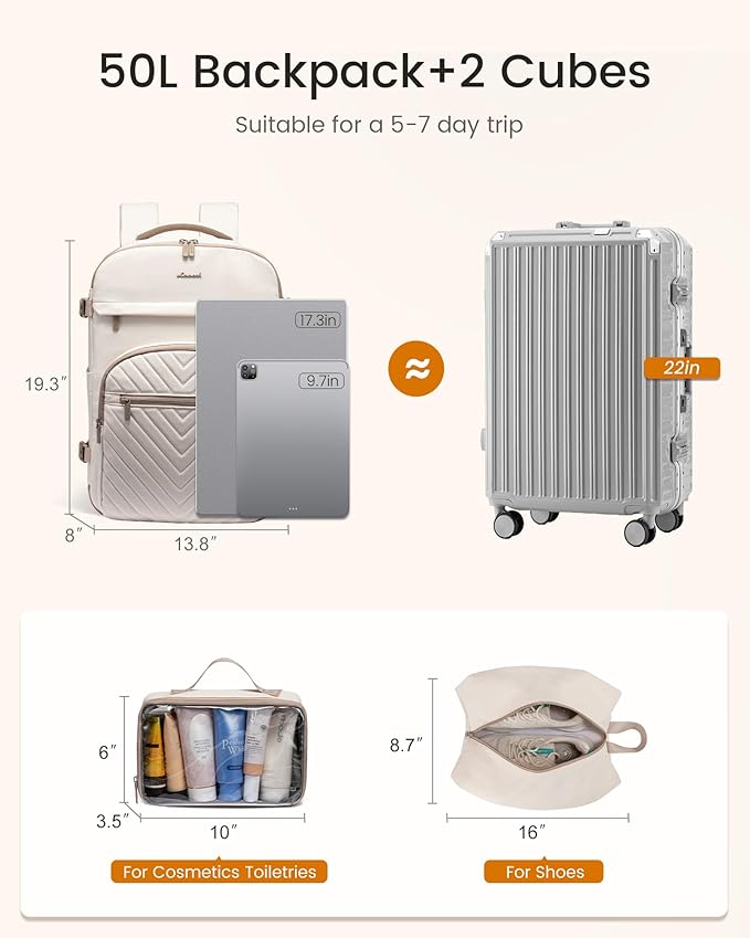 LOVEVOOK 50L Travel Backpack for Women Men, TSA Personal Item Travel Bag Fits 17.3inch Laptop, Waterproof Airline Approved Carry On Luggage With 2 Cubes for Weekender Hiking Business, Beige
