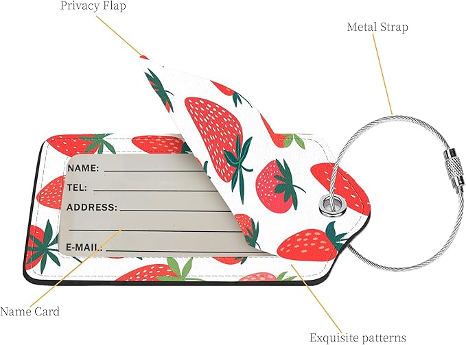 2 Pcs Luggage Tags for Suitcase, Cute Unique PU Leather Travel Bag Tag with Privacy Cover ID Label Address Card and Durable Metal Ring Suitable for Men Women Children Backpack,Strawberry Pattern