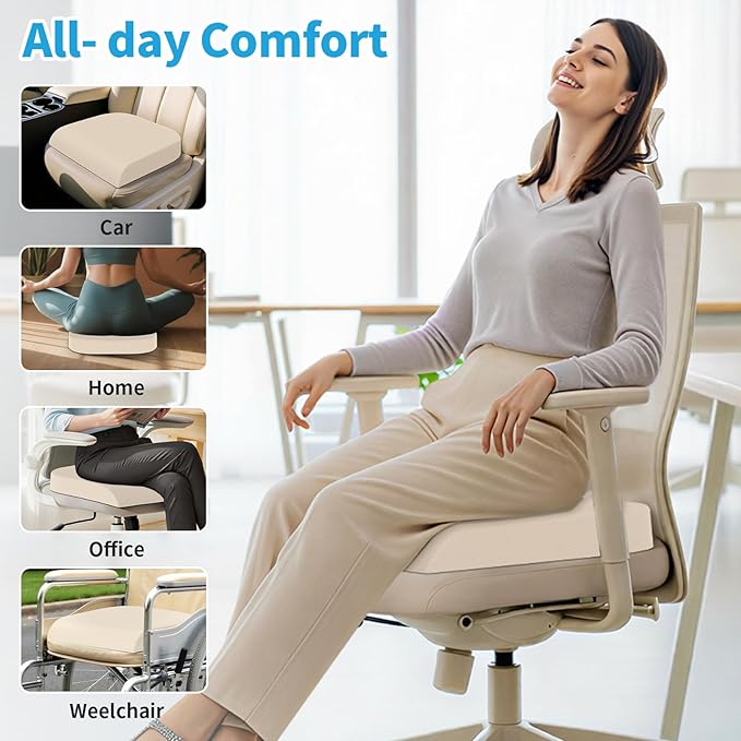 Large Seat Cushion, Memory Foam Cushion for Long Sitting Hours on Office Chair, Home & Car, Non-Slip Chair Pad for Relieving Back & Sciatica & Hip & Coccyx Pain (Khaki)