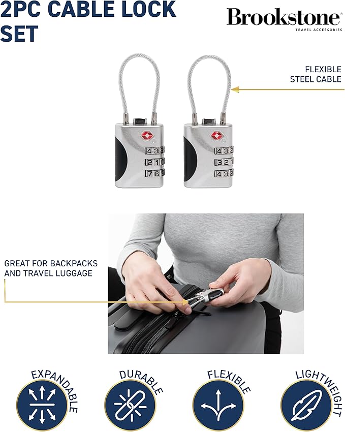 Brookstone Cable Lock - 2 Pack TSA-Approved 3-Digit Keyless Luggage Travel Lock - Resettable Combination Wire Padlock, Silver