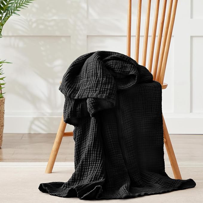 100% Cotton Muslin Blanket 50"x 60", 6 Layers Breathable and Lightweight Cotton Throw Blankets for Couch, Soft Cooling Summer Gauze Blanket for Adults All Season, Black