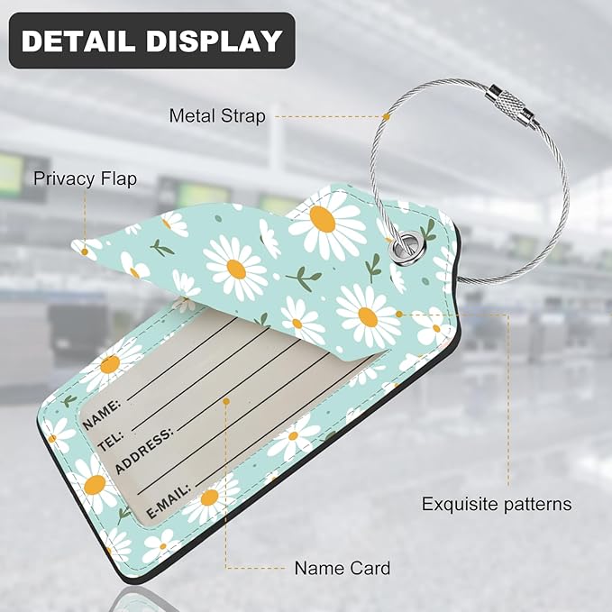 2Pack Luggage Tags for Suitcases, Cute Unique Pu Leather Cruise Luggage Tag with Privacy Cover ID Label Address Card and Metal Ring Suitable for Women Men Kids Travel Bag Little White Daisies