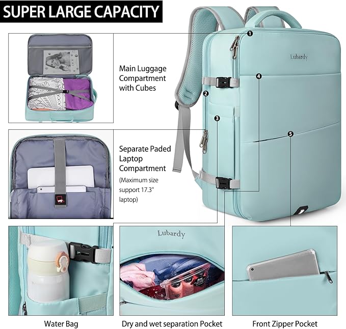 Lubardy Travel Backpack for Men Women 17 Inch Flight Approved Carry on Backpack Waterproof Large 40L Luggage Daypack Business College Weekender Overnight Laptop Backpack with 3 Packing Cubes, Green