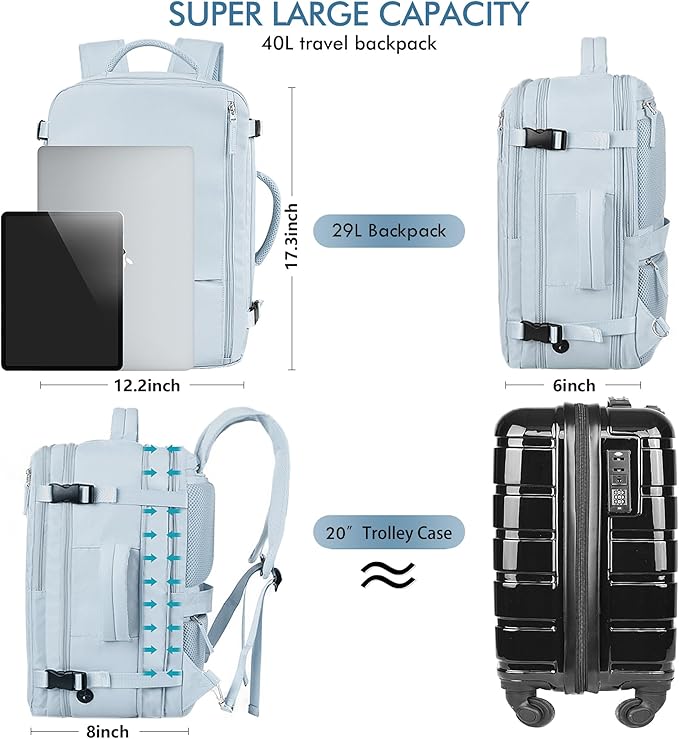 Beraliy 29L Travel Backpack Women, Airline Approved Backpack, Carry On luggage, 17.3 inch Laptop Backpack, Waterproof Business Hiking Weekend Bag, Light-blue