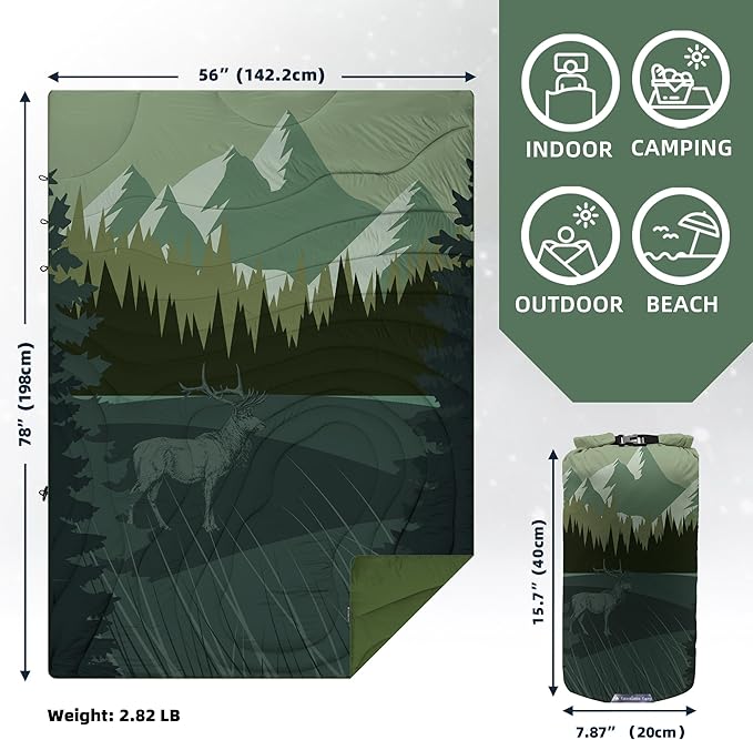 Camping Blanket Puffy - Outdoor Stadium Blanket Wearable, Lightweight, Packable, Machine Washable Camping Quilt for Traveling, Picnic, Beach, Party 78"x 56" (Grass Green)
