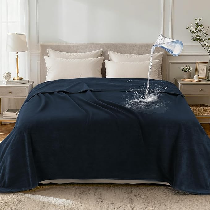 LOOBANI Waterproof Blanket for Bed: Reversible Leakproof King Size Bed Blankets 85" x 108", Soft Flannel & Coral Fleece Bed Blanket Water Resistant for Couch Sofa Cover, Travel, Movie Time, Blue