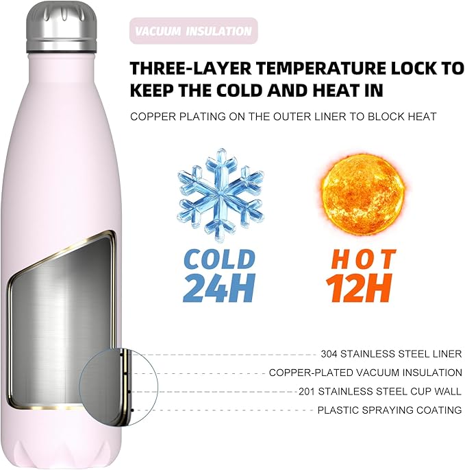 WATERSY Stainless Steel water bottles,17oz/500ml Insulated Water Bottles,Pink metal water bottle Keeps Drink Cold and Hot,BPA Free kids water bottles for School,Gym,Travel,Sports