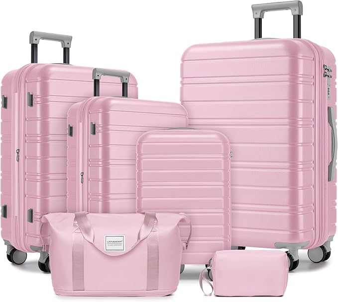 6 Piece Luggage Set Hard Shell - Pink Expandable Suitcases with Spinner Wheels and Duffel Bags for Family Travel, Durable Carry On Luggage Sets with Lock for Women and Girls