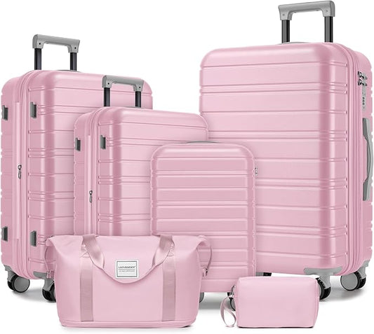 6 Piece Luggage Set Hard Shell - Pink Expandable Suitcases with Spinner Wheels and Duffel Bags for Family Travel, Durable Carry On Luggage Sets with Lock for Women and Girls