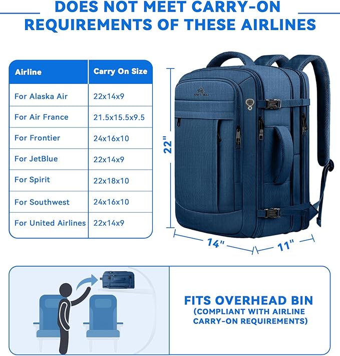 AREYTECO 60L Big Capacity Carry On Laptop Backpack Large Travel Backpack for Men, Expandable Water Resistant Overnight Weekender Luggage Gym Daypack Rucksack Traveling Backpack, Traveler Gifts, Blue