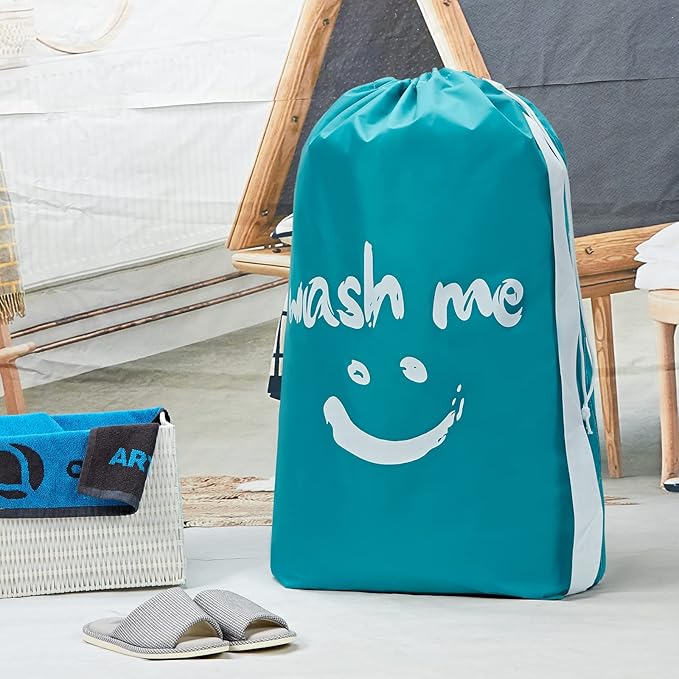 HOMEST 2 Pack XL Wash Me Travel Laundry Bag with Strap, Dirty Garments Organizer, Large Enough to Hold 4 Loads of Clothes, Easy Fit a Hamper or Clothing Basket, Grey and Sky Blue