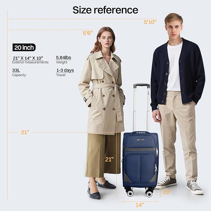 20" Luggage, Softside Suitcase with LOCK,Expandable Luggage w/Double Spinner Wheels, Lightweight Rolling Suitcases for Travel Carry On Luggage（Navy-Grey,20in）