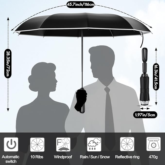 Windproof Compact Travel Umbrella,Large Strong but Light Portable and Automatic Folding Rain Umbrella, small inverted for travel size