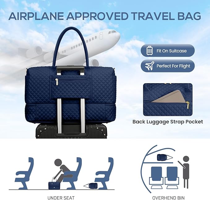 Travel Weekender Bags for Women - Carry on Overnight Bags with Shoe Compartment Duffle Bag with Laptop Pocket Hospital Bag for Labor Delivery Gym Tote Bag with Toiletry Bag Blue